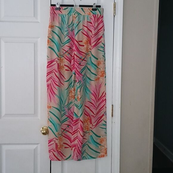Forever 21 tropical beach lounge wide leg palazzo elastic waist pants  Sz L - Picture 5 of 6
